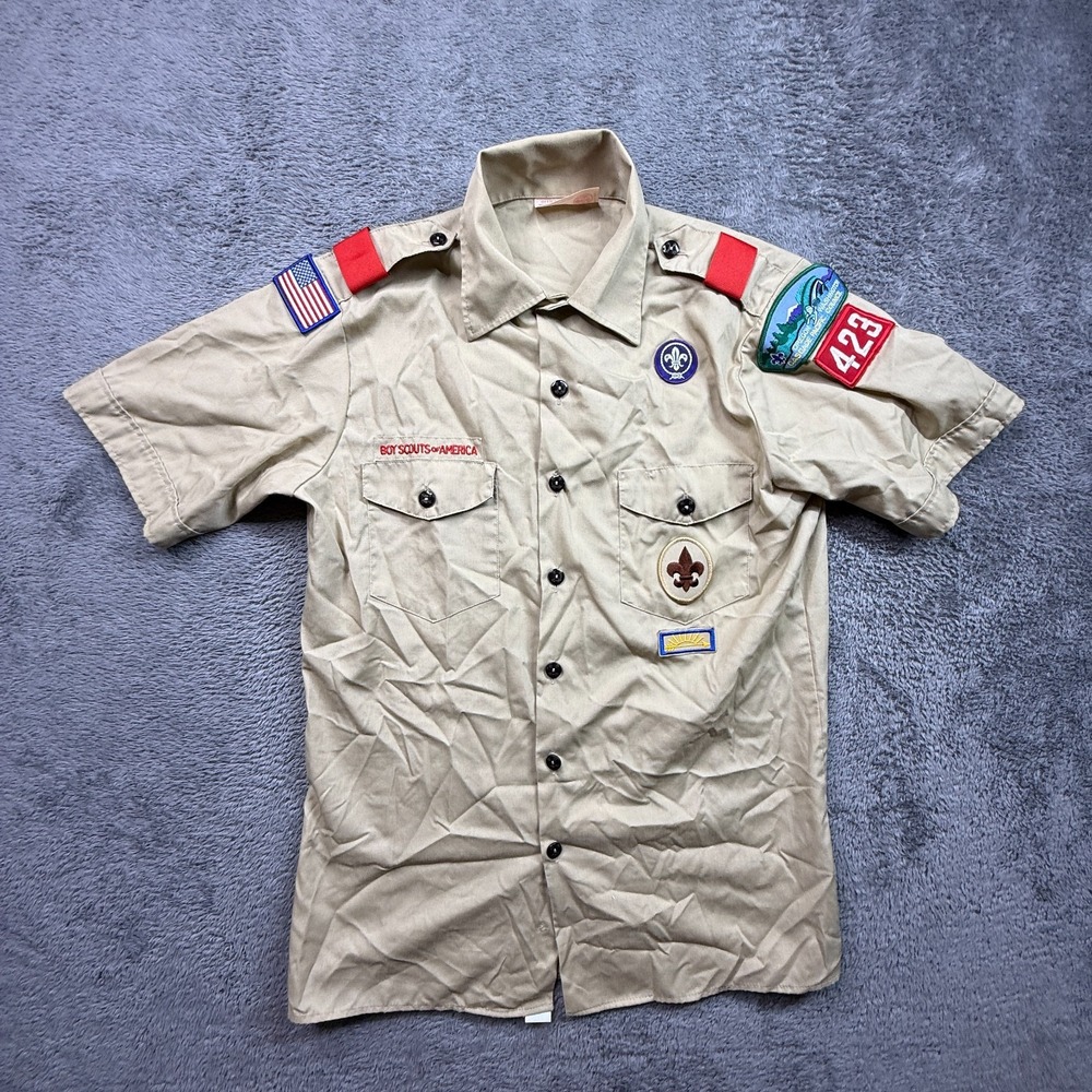 Vintage USA BSA Boy Scouts Youth XL Button Shirt Tan Glued Patches Cascade